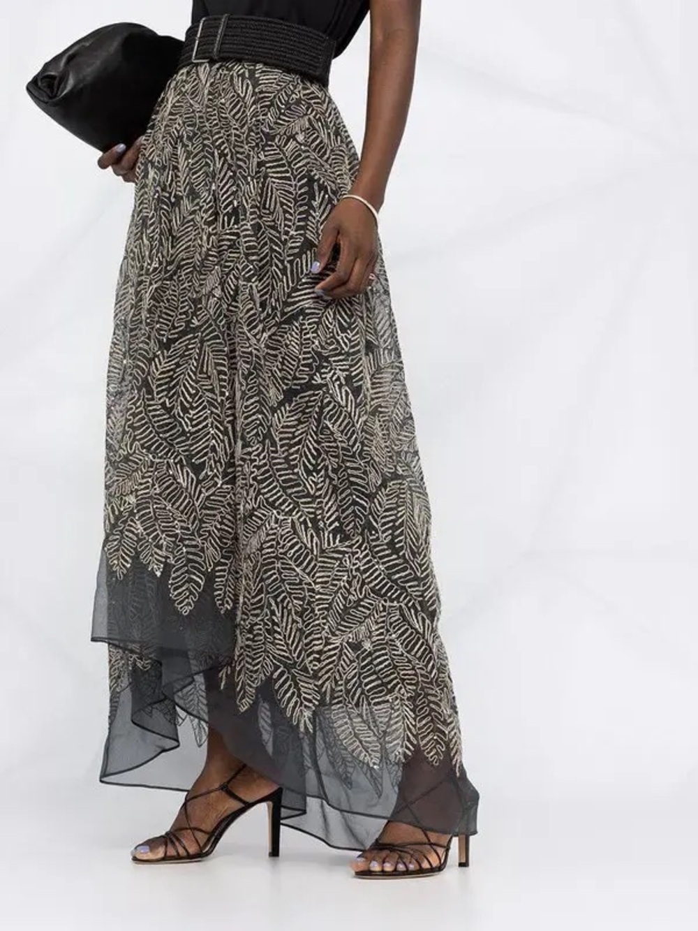 NWT $5746 Brunello Cucinelli Sequin Embroidered Semi-Sheer Leaf Print Skirt
